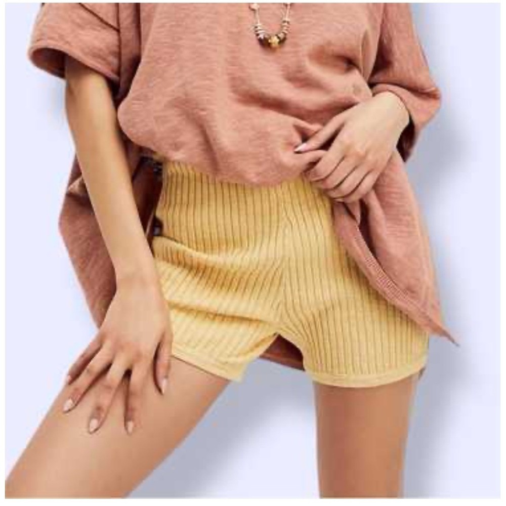 Free People Beach Ribbed Knit Shorts Mustard Yellow Cotton Linen Blend Medium